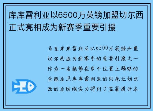 库库雷利亚以6500万英镑加盟切尔西正式亮相成为新赛季重要引援