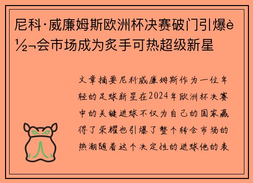 尼科·威廉姆斯欧洲杯决赛破门引爆转会市场成为炙手可热超级新星